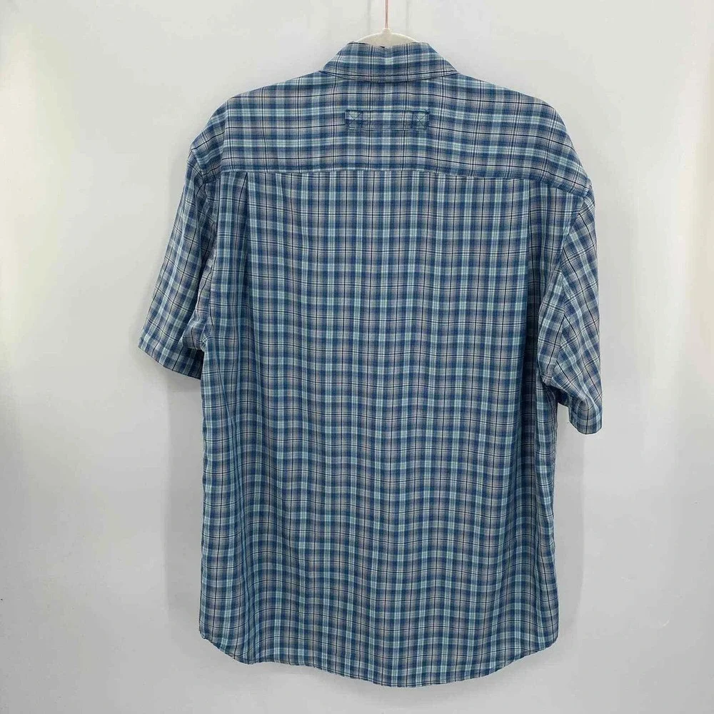 Duluth Trading Co Button Front Camp Shirt Mens Medium Blue Plaid Polyester Nylon